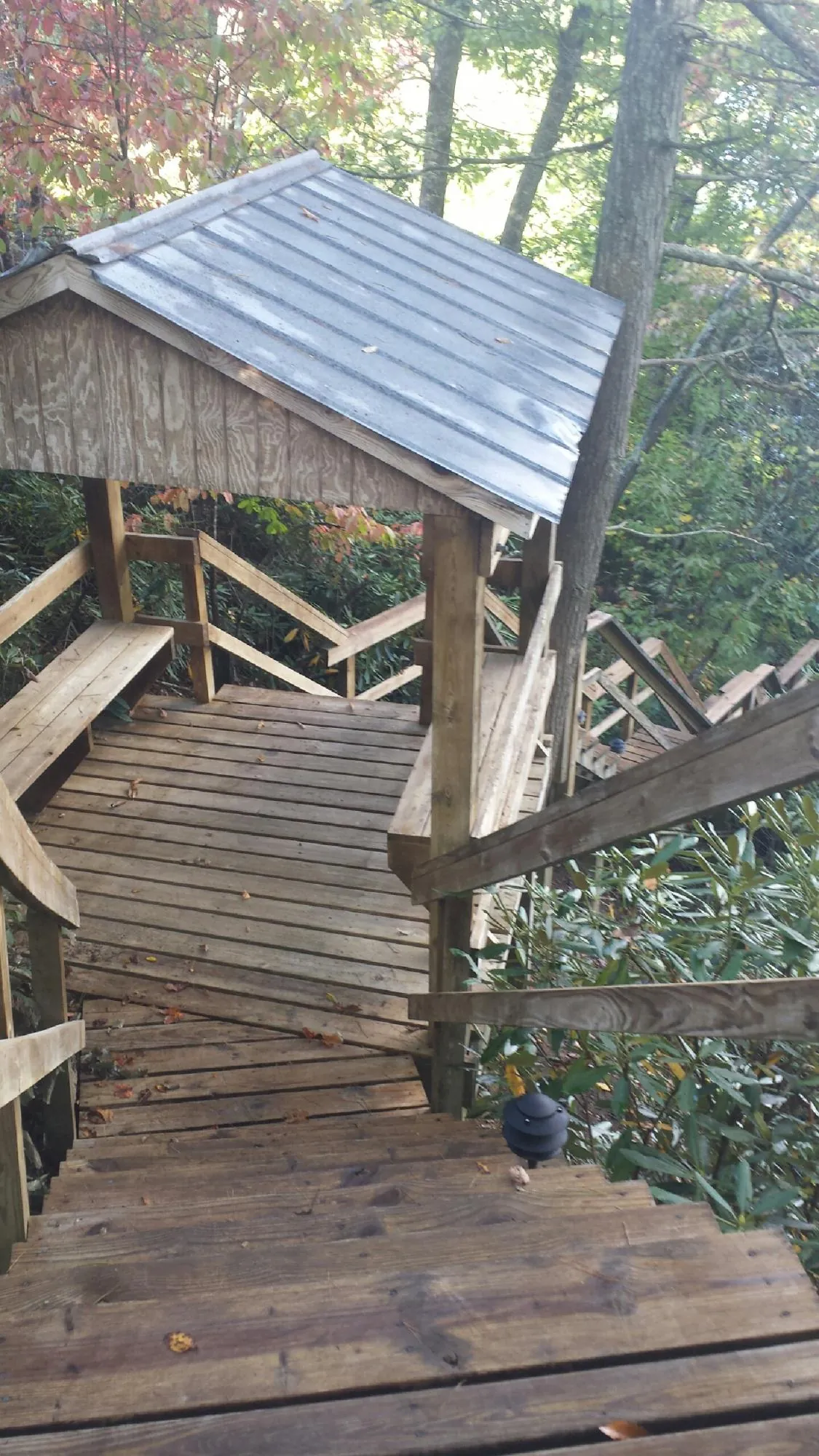 Metal roofed shelter over wooden steps on a wooded walkway — Skylight Repair & Installation work by our crew in Adkins